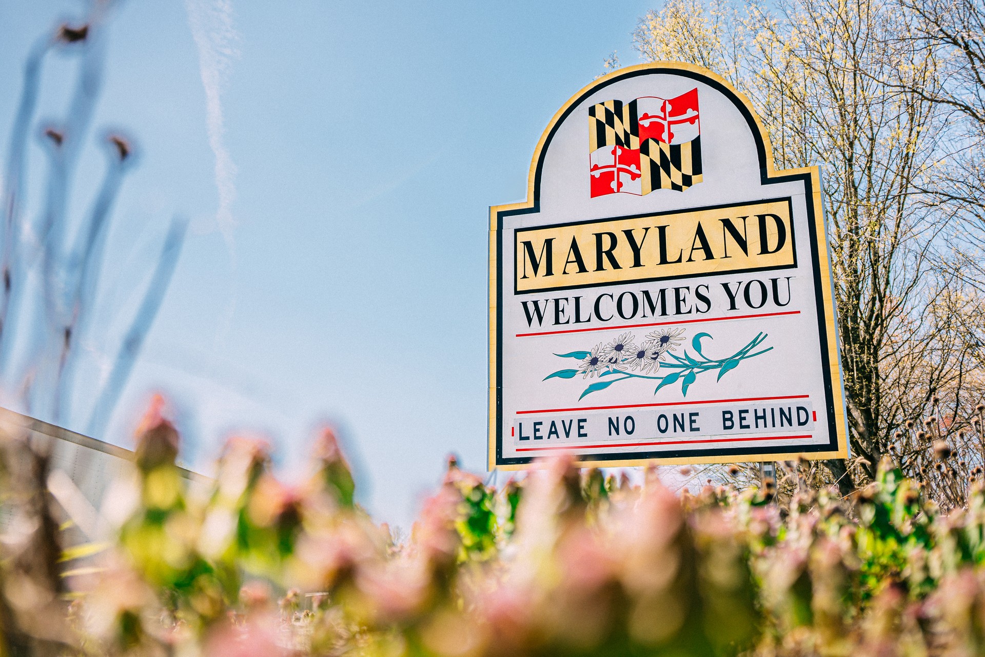 Low Angle View of the "Maryland Welcomes You" Sign along US Interstate 95 near Newark, Delaware