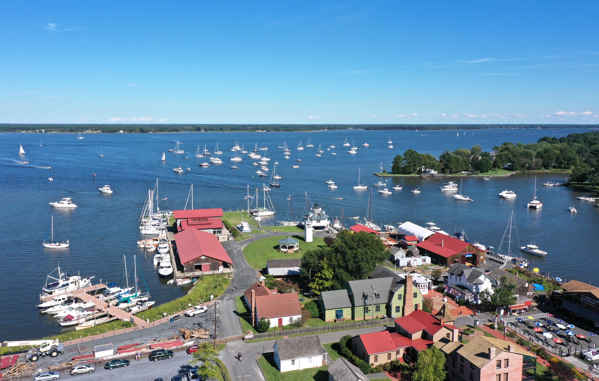 Aerial view of boats, and docks at small town