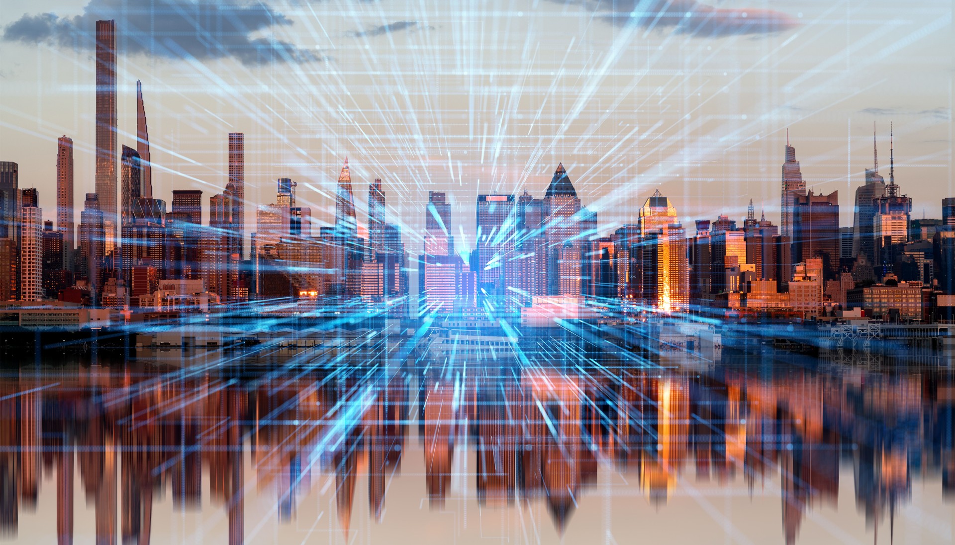 New York city and digital network, futuristic technology and business
