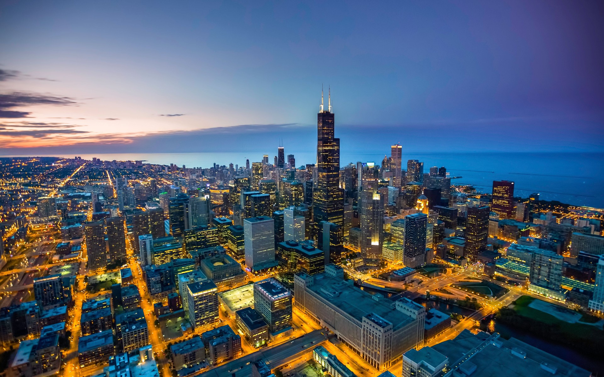 Chicago skyline aerial view at dusk